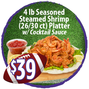 4 lb Seasoned Steamed Shrimp (26/30 ct) Platter w/ Cocktail Sauce- $39