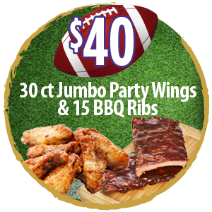 30 ct Jumbo Party Wings & 15 BBQ Ribs - $40