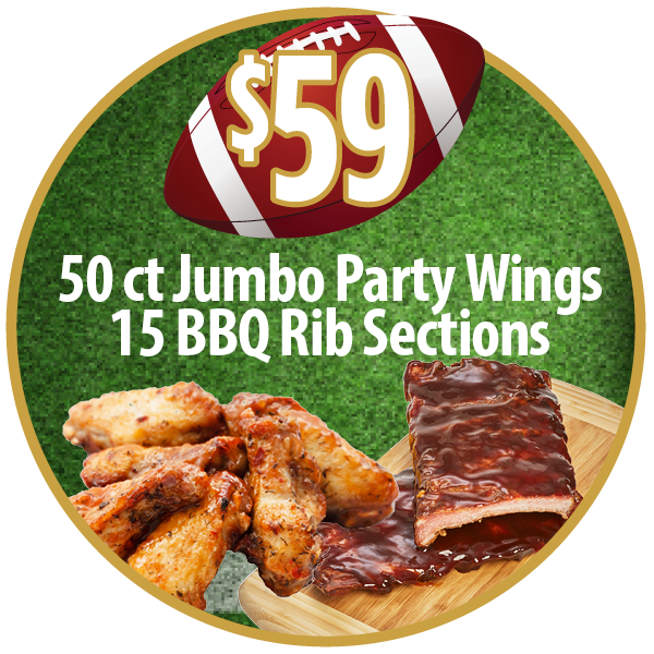 50 ct Jumbo Party Wings - 15 BBQ Rib Sections - $59