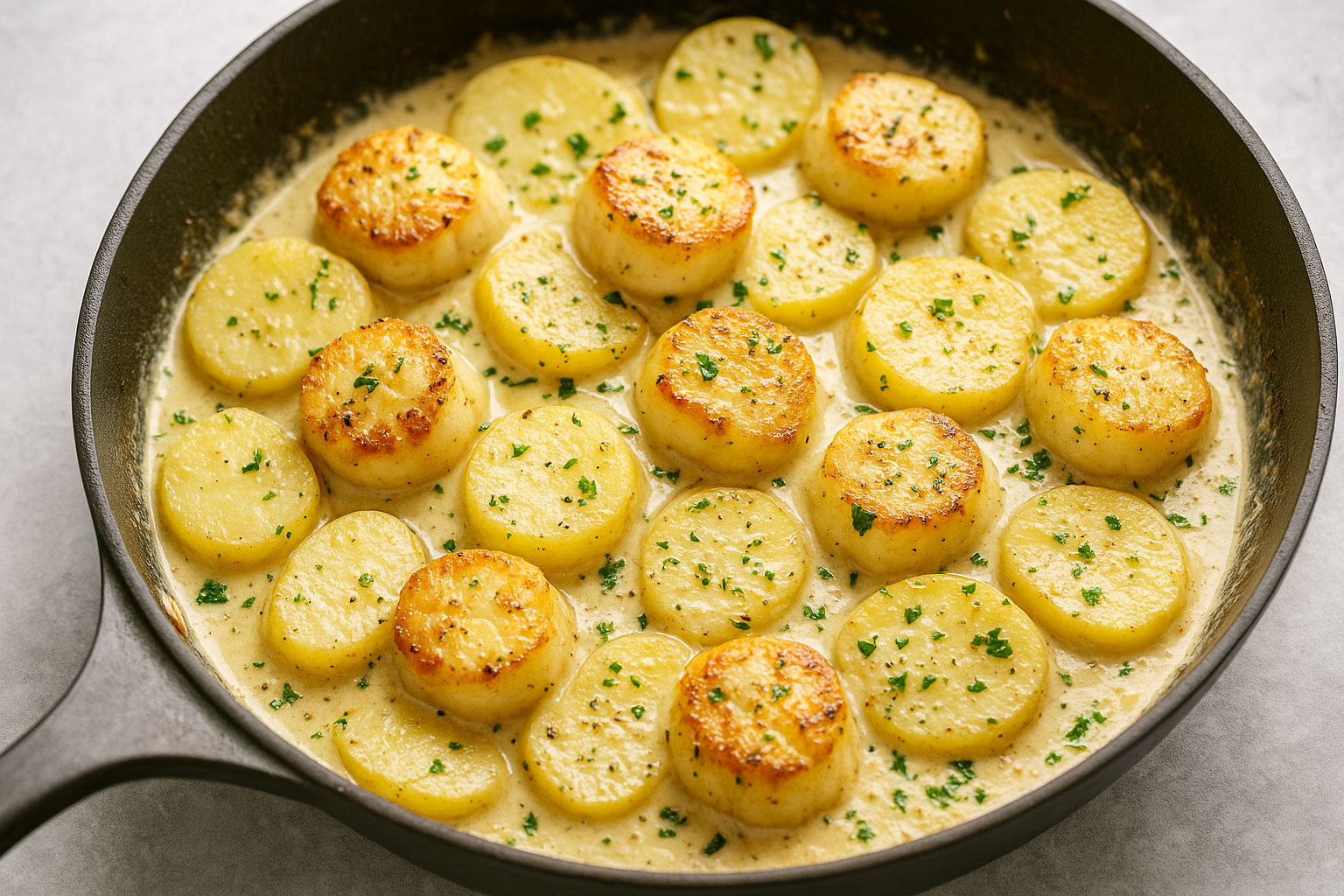 Creamy Garlic Parmesan Scallops & Potatoes