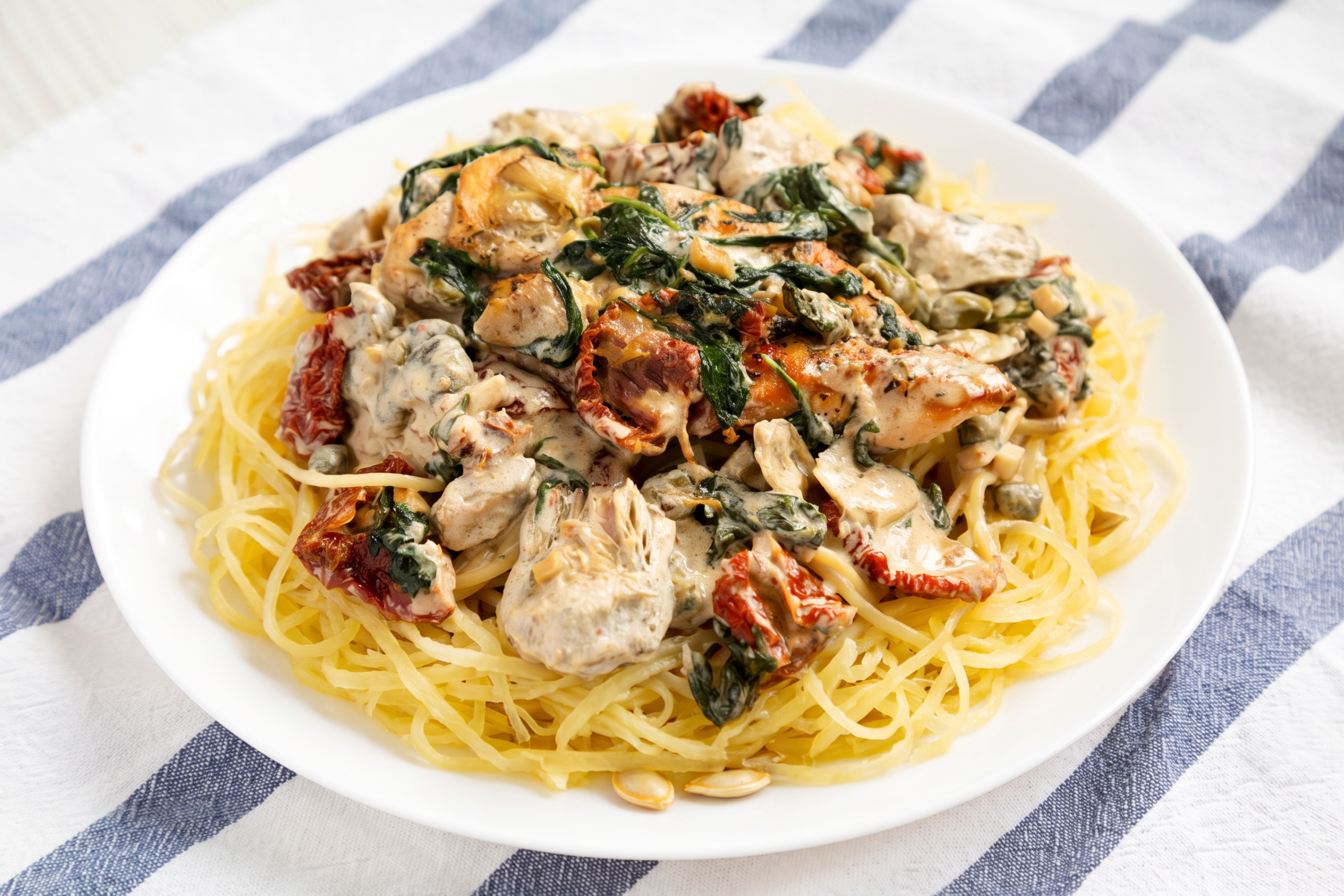 Spaghetti Squash Tuscan Chicken Alfredo